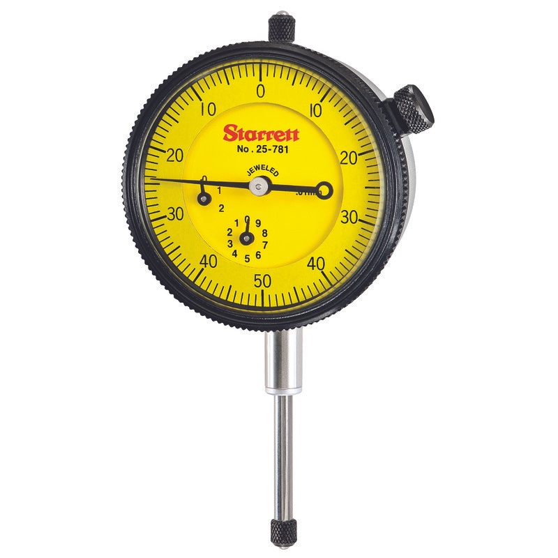 Picture of Starrett 25-781J-8 Dial Indicator, 0-25.0mm Range, 0-50 Continuous Dial, 0.01mm Grads, 1.0mm Range Per Rev, 8mm Stem