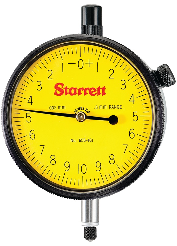 Picture of Starrett 655-161J-8 Dial Indicator, 0-0.5mm Range, 0-10-0 Balanced Dial, 0.002mm Grads, 0.2 mm Range Per Rev, 8mm Stem