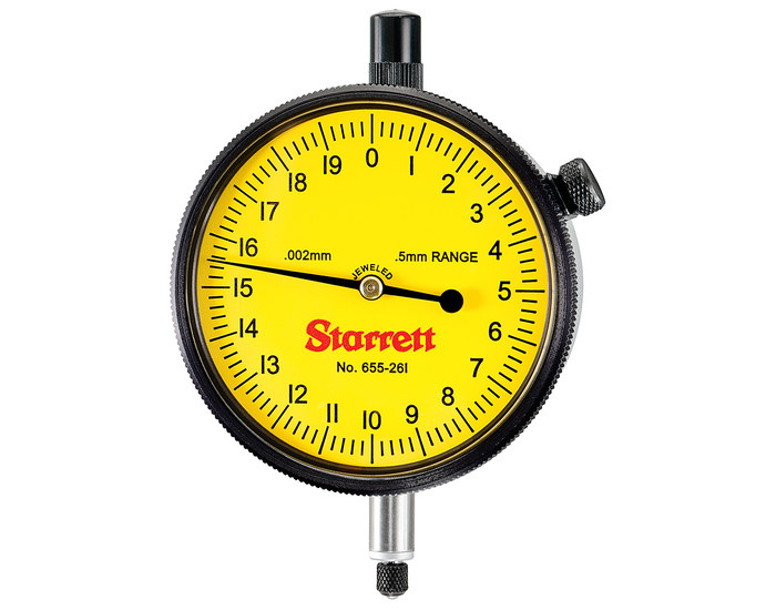 Picture of Starrett 655-261J-8 Dial Indicator, 0-0.5mm Range, 0-20, 0.002mm Grads, 0.2 mm Range Per Rev, 8mm Stem Diameter