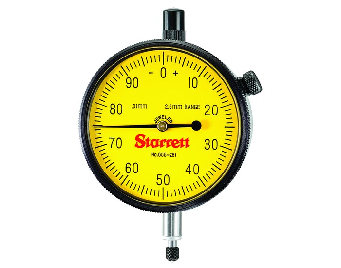 Picture of Starrett 655-281J-8 Dial Indicator, 0-2.5mm Range, 0-100, 0.01mm Grads, 1.0 mm Range Per Rev, 8mm Stem Diameter