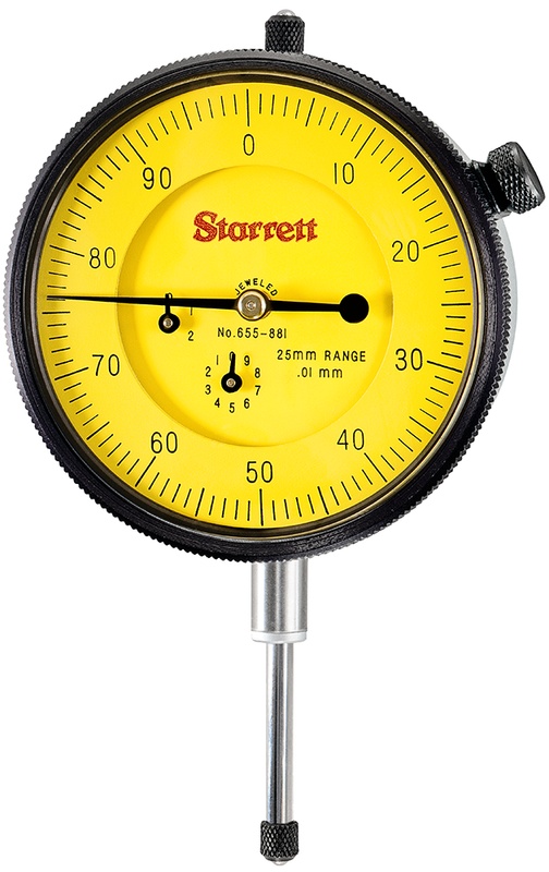 Picture of Starrett 655-881J-8 Dial Indicator, 0-25.0mm Range, 0-100, 0.01mm Grads, 1.0mm Range Per Rev, 8mm Stem Diameter