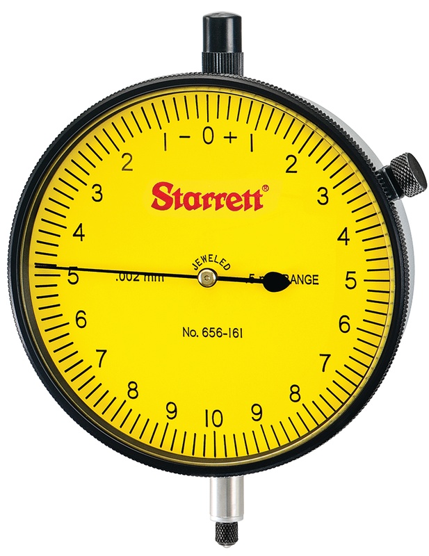Picture of Starrett 656-161J-8 Dial Indicator, 0-0.5mm Range, 0-10-0 Balanced Dial, 0.002mm Grads, 0.2mm Range Per Rev, 8mm Stem