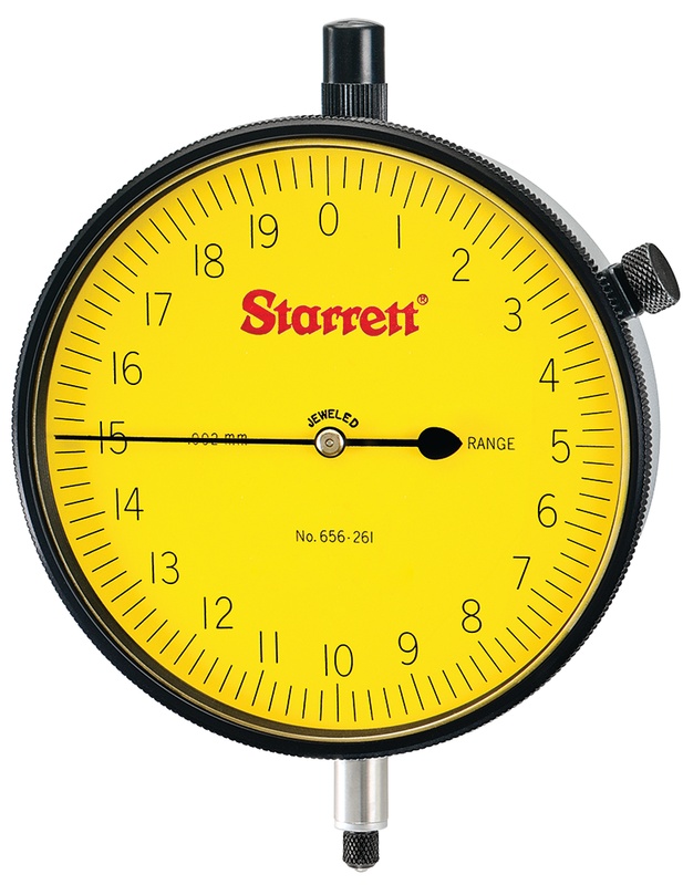 Picture of Starrett 656-261J-8 Dial Indicator, 0-0.5mm Range, 0-20, 0.002mm Grads, 0.2mm Range Per Rev, 8mm Stem Diameter
