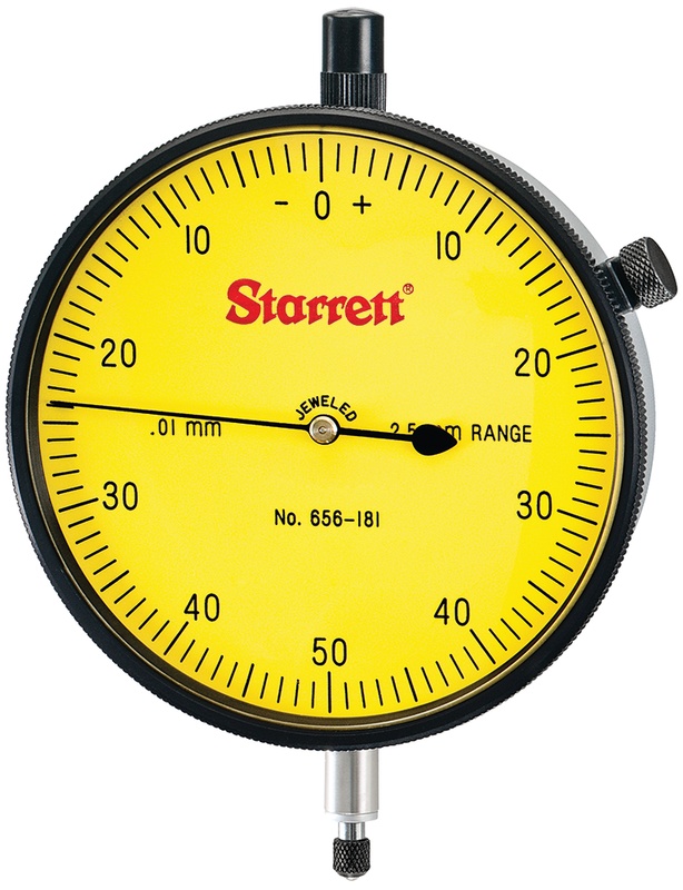 Picture of Starrett 656-181J-8 Dial Indicator, 0-2.5mm Range, 0-50-0 Balanced Dial, 0.01mm Grads, 1.0mm Range Per Rev, 8mm Stem