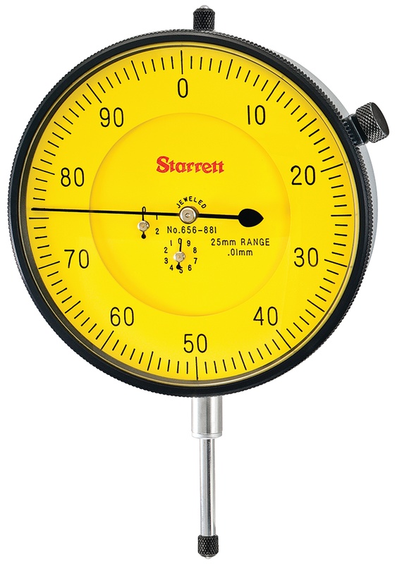 Picture of Starrett 656-881J-8 Dial Indicator, 0-25.0mm Range, 0-100, 0.01mm Grads, 1.0mm Range Per Rev, 8mm Stem Diameter