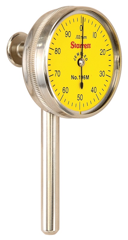 Picture of Starrett 196Mb1 Back Plunger Dial Indicator, 5mm Range, 0-100 Dial Face, 0.02mm Graduations, 3 Contact Points And Adaptor
