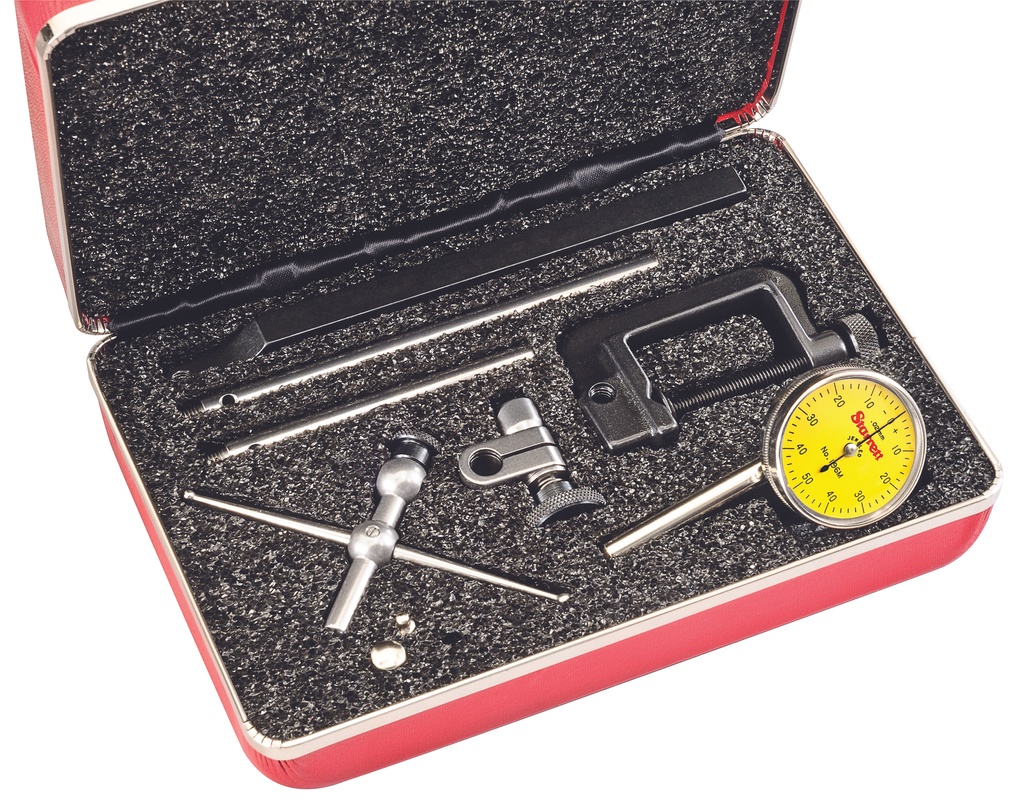 Picture of Starrett 196Ma5Z Back Plunger Dial Indicator, 5mm Range, 0-50-0 Dial Face, 0.02mm Grads, 3 Contact Points, Adaptor, 4 Attachments, Case