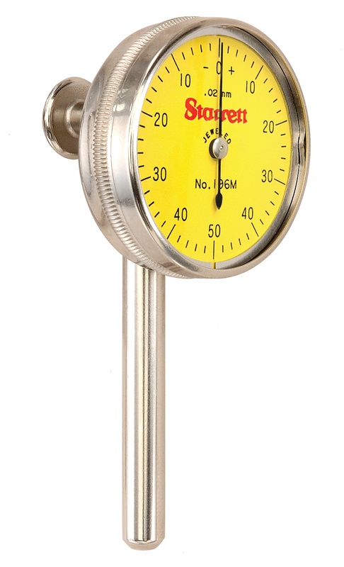 Picture of Starrett 196Mb5 Back Plunger Dial Indicator, 5mm Range, 0-50-0 Dial Face, 0.02mm Graduations, 3 Contact Points And Adaptor
