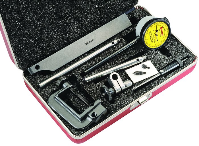 Picture of Starrett 650Ma1Z Back Plunger Dial Indicator, 5mm Range, 0-100 Dial Face, 0.01mm Graduations, 3 Contact Points, 3 Attachments, Case