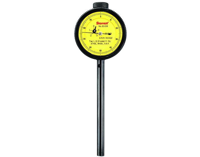 Picture of Starrett 650Mb1 Back Plunger Dial Indicator, 5mm Range, 0-100 Dial Face, 0.01mm Graduations, 3 Contact Points