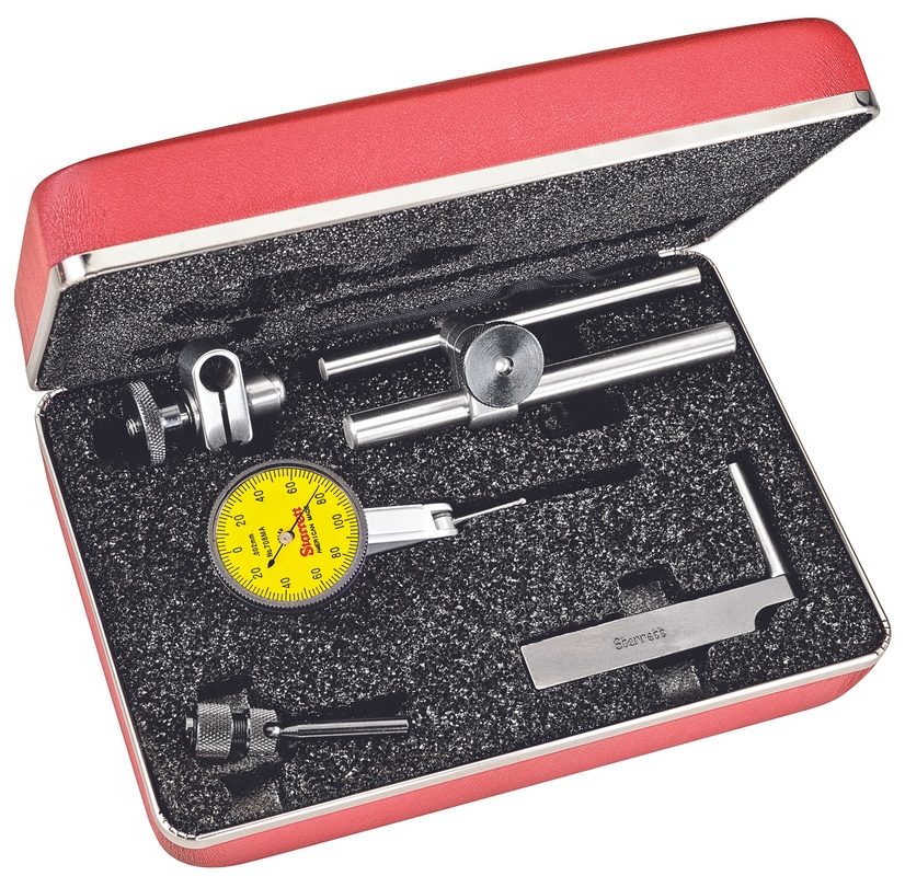 Picture of Starrett 708Macz Dial Test Indicator With Dovetail, 0.2mm Range, 0-100-0 Dial Face, 0.002mm Graduations, With Attachments, Case