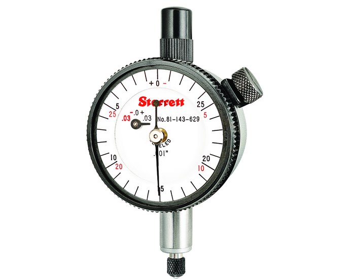 Picture of Starrett 81-143-629J Dial Indicator, 0-.075" Range, Double Row Figures +0-30/-0-30, .001" Grads, .030" Range Per Rev, .375" Stem