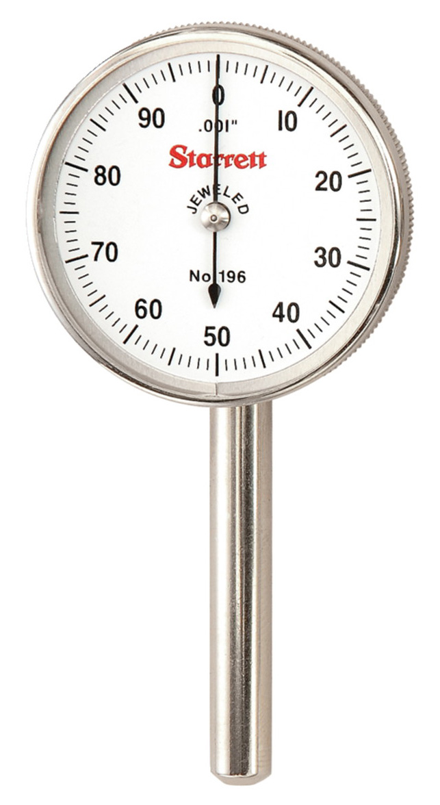 Picture of Starrett 196B1 W/Slc Back Plunger Dial Indicator, .200" Range, 0-100 Dial Face, .001" Graduations, 3 Contact Points And Adaptor, Slc