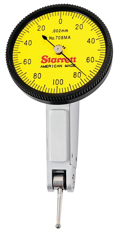 Picture of Starrett 708Maz W/Slc Dial Test Indicator With Dovetail, 0.2mm Range, 0-100-0 Dial Face, 0.002mm Graduations, Case, Slc