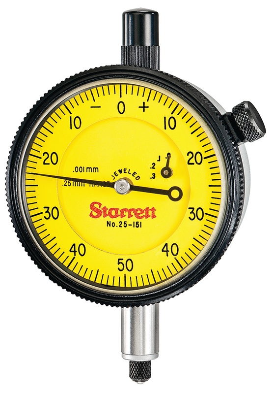 Picture of Starrett 25-151J Dial Indicator, 0-.25mm Range, 0-50-0 Balanced Dial, 0.001mm Grads, 0.1mm Range Per Rev, .375" Stem