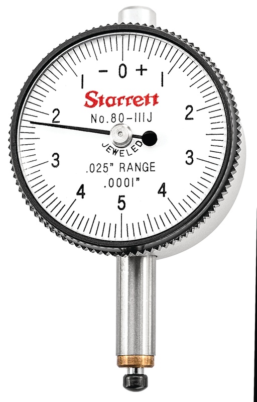 Picture of Starrett 80-111J Mini Dial Indicator, 0-.025" Range, 0-5-0 Balanced Dial, .0001" Grads, .010" Range Per Rev, .2185" Stem