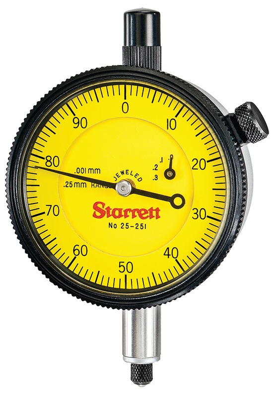 Picture of Starrett 25-251J Dial Indicator, 0-.25mm Range, 0-100 Continuous Dial, 0.001mm Grads, 0.1mm Range Per Rev, .375" Stem