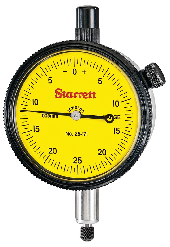 Picture of Starrett 25-171J Dial Indicator, 0-1.25mm Range, 0-25-0 Balanced Dial, 0.005mm Grads, 0.5mm Range Per Rev, .375" Stem