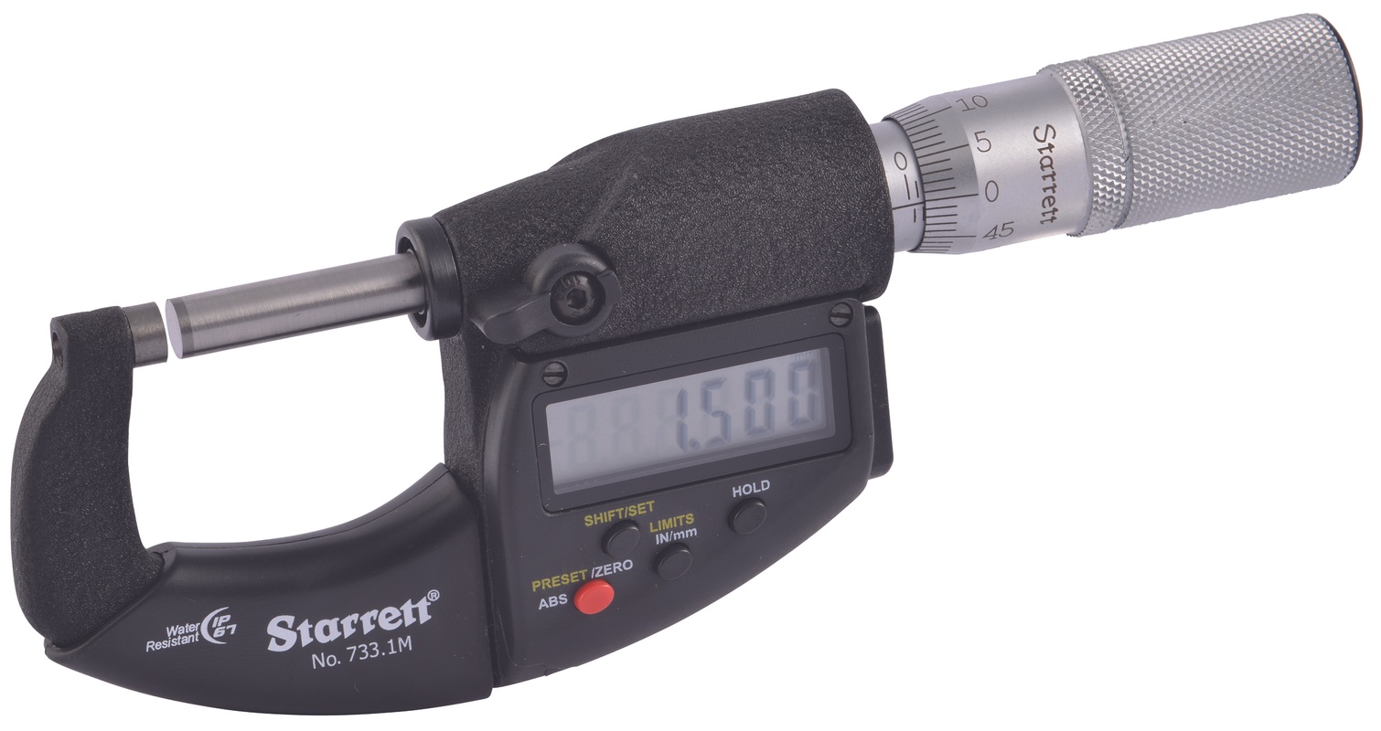 Picture of Starrett F2750Iqm Lcd Outside Micrometer, Friction Thimble, Carbide Anvil, Spc Output, 0.001mm Res., 0-25mm Range