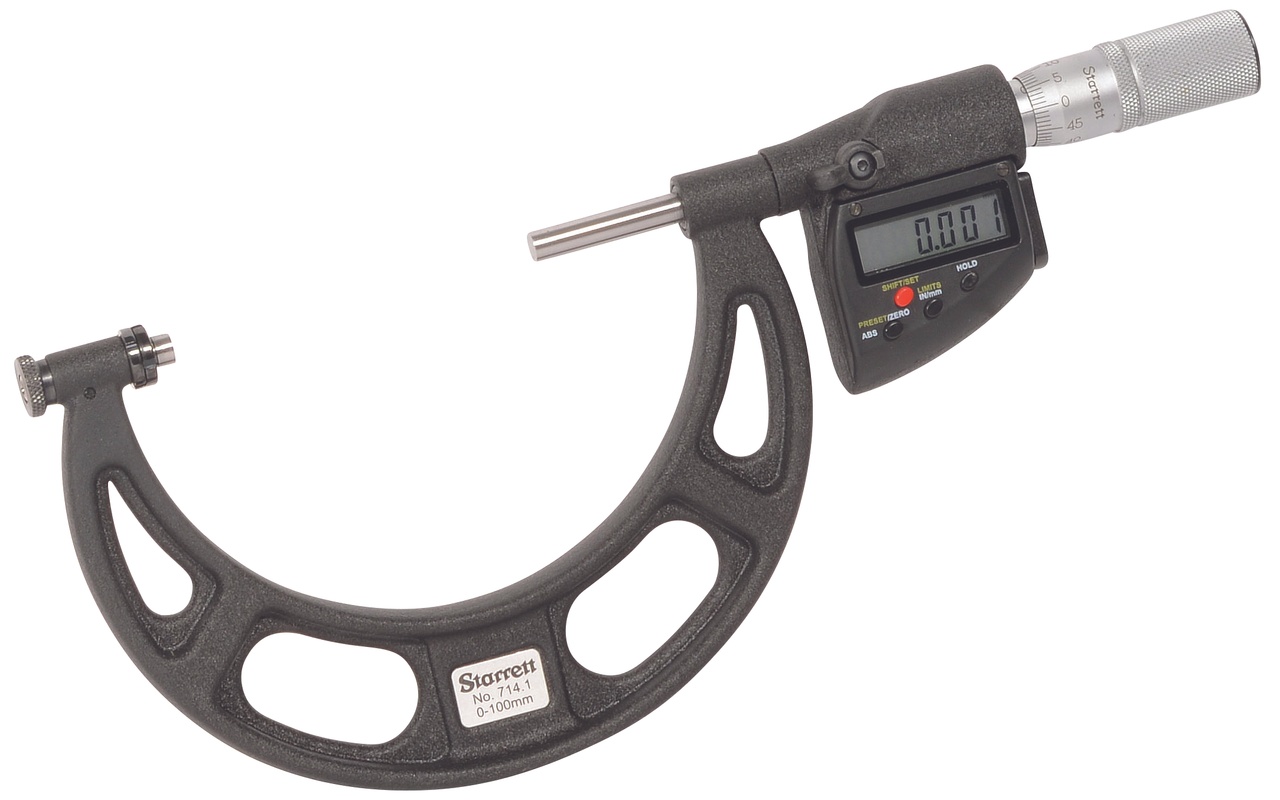 Picture of Starrett 714.1Jflz Digital Interchangeable Anvil Micrometer, Friction Thimble, Spc Output, 0.001mm, 0-100mm Range