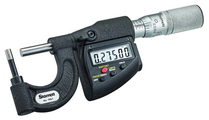 Picture of Starrett 769.1Axfl Digital Tube Outside Micrometer, Friction Thimble, Carbide And 4.8mm Round, Spc Output, 0.001mm, 0-25mm Range