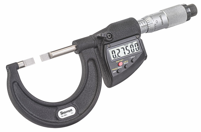 Picture of Starrett 714.1Megflz Digital Blade Type Micrometer, Speeder Thimble, 0.8mm Blade Anvil, Spc Output, 0.001mm, 25-50mm Range