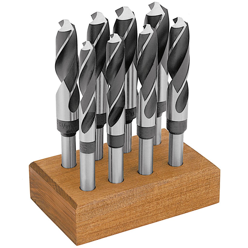 Picture of HSS TMX Reduced Shank Silver and Deming Drill 8 Piece Set with 1/2" Shank, General Purpose with 118 point, 3" flute length x 6" overall length (OAL), Set includes 9/16", 5/8", 11/16", 3/4", 13/16", 7/8", 15/16" & 1" diameters in a wooden stand