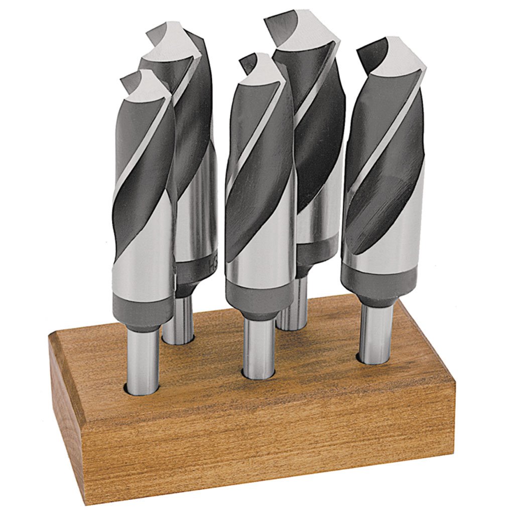 Picture of HSS TMX Reduced Shank Silver and Deming Drill 5 Piece Set with 3/4" Shank, General Purpose with 118 point, 3" flute length x 6" overall length (OAL), set includes 1", 1-1/8", 1-1/4", 1-3/8" & 1-1/2" dameters in a wooden stand