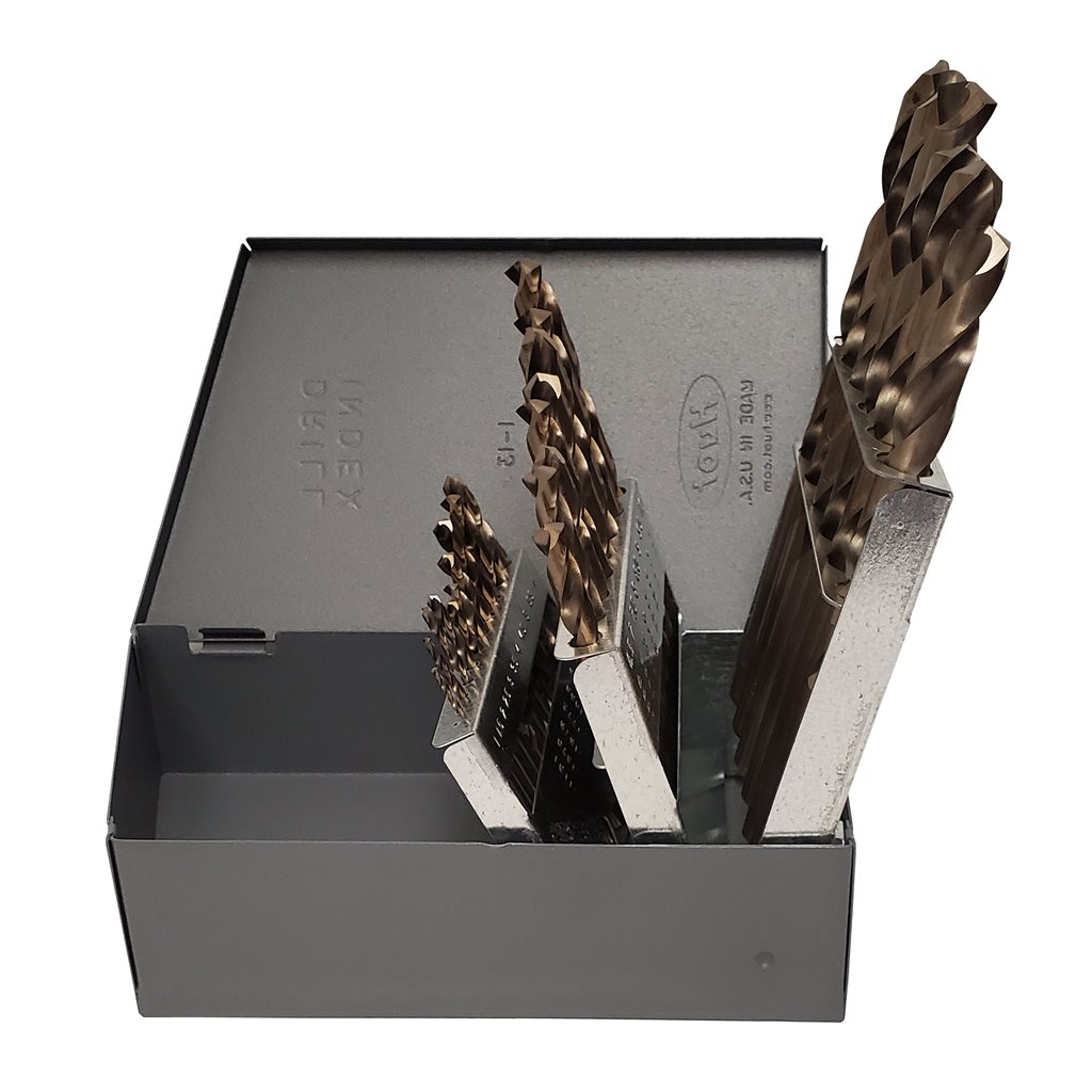 Picture of 25 Piece TMX Heavy Duty Cobalt Jobbers Drill Set with 135 Split point: set includes 1.0 mm to 13.0 mm by .5 mm in a high durable plastic index case