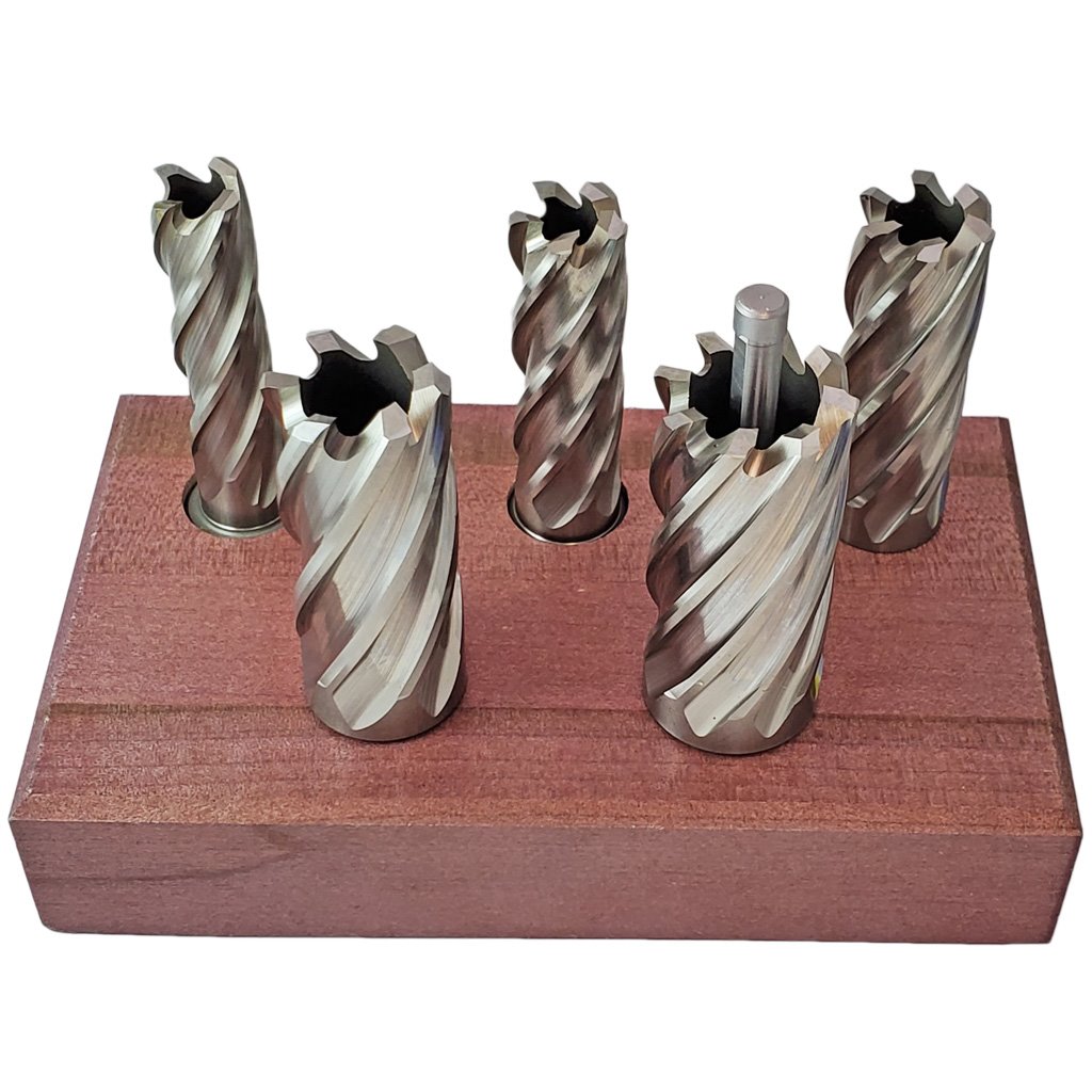 Picture of HSS TMX Annular Cutter 5 Piece Set 9/16, 11/16, 13/16, 15/16 & 1-1/16" cutting diameter for 2" depth of cut x 3/4" shank diameter with 2 shank flats