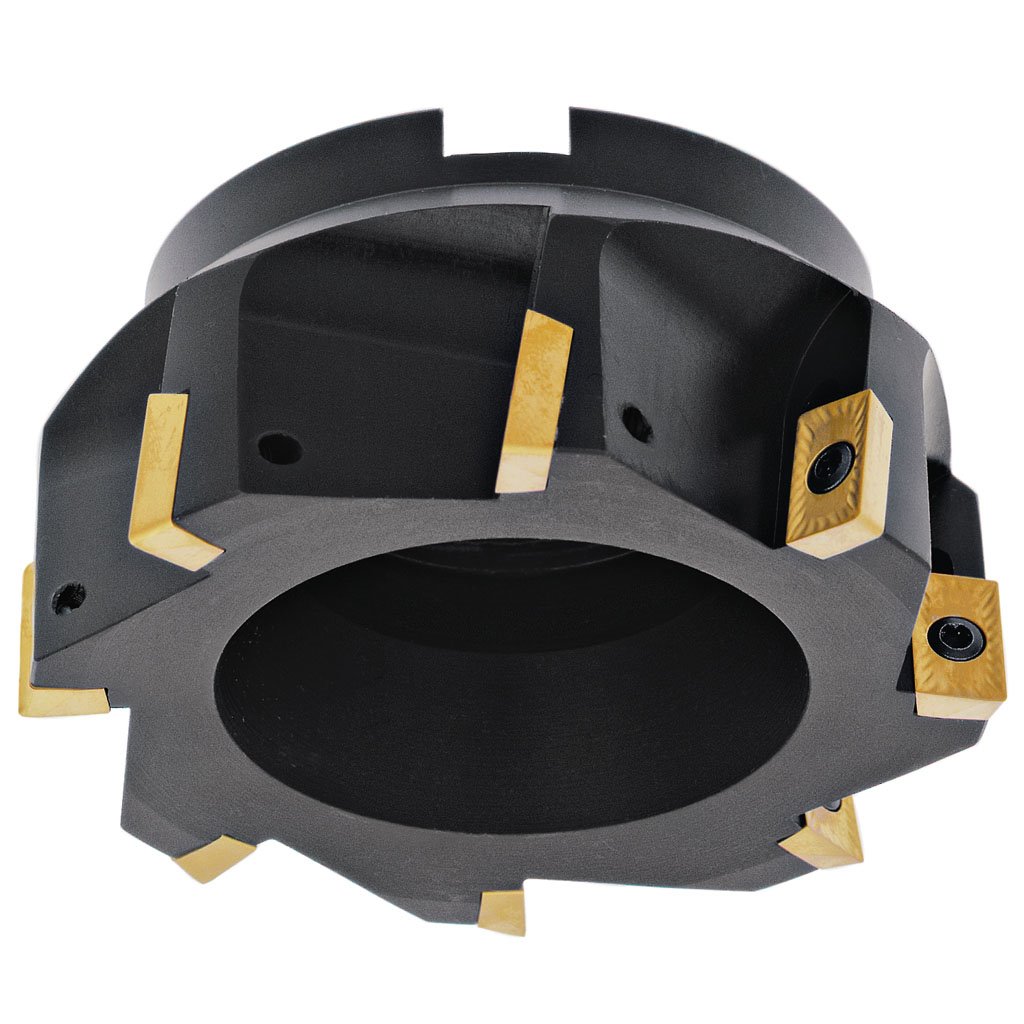 Picture of APT-D4.00-1.25-8-16. 4in 8 Flute Face Mill for APKT 16 Inserts with Irregular spaced flutes 1.25 Arbor. No specific Arbor screw - use screw from tool Holder.