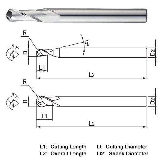 Picture of Widin BA302010 Dia 5/32 SH 0.1875 LOC 0.5625 OAL2.00 End Mill Standard Flute Standard Helix Carbide Uncoated Single End Ball NoseBall General PURPOSE