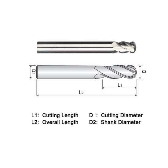 Picture of Widin BA304048X Dia 3/4 SH 0.7500 LOC 3.00 OAL6.00 End Mill Standard Flute Standard Helix Carbide Uncoated Single End Ball NoseBall General PURPOSE