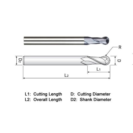 Picture of Widin DA302016 Dia 1/2 SH 0.50 LOC 0.8750 OAL3.00 End Mill Standard Flute Standard Helix Carbide TiAlN Single End Ball NoseBall THUNDER