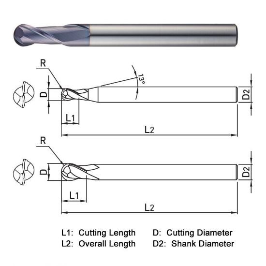 Picture of Widin DA512010 Dia 5/16 SH 0.3125 LOC 0.5625 OAL4.00 End Mill Standard Flute Standard Helix Carbide AlTiN Single End Ball NoseBall Z-ClassIC