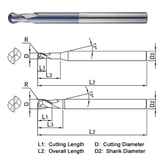 Picture of Widin DA522006 Dia 3/16 SH 0.2500 LOC 0.50 OAL3.1250 End Mill Standard Flute Standard Helix Carbide AlTiN Single End Ball NoseBall Z-ClassIC