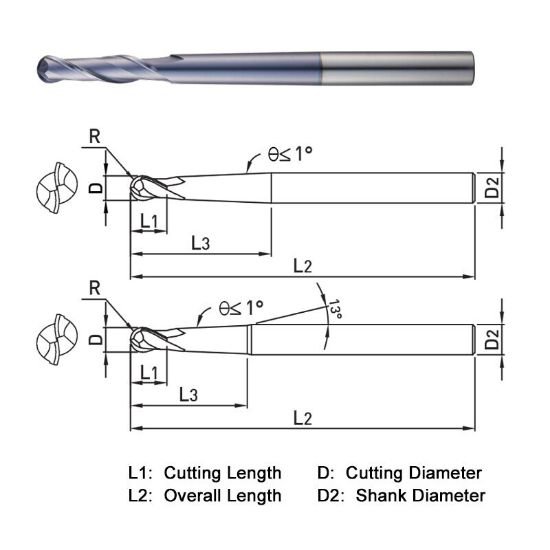 Picture of Widin DA552016 Dia 1/2 SH 0.6250 LOC 1.1875 OAL7.7500 End Mill Standard Flute Standard Helix Carbide AlTiN Single End Ball NoseBall Z-ClassIC