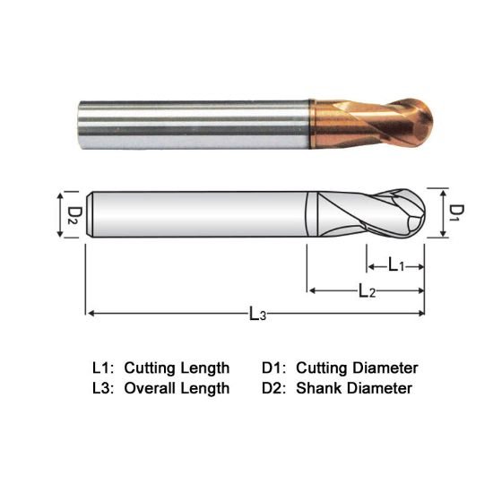 Picture of Widin DA702002 Dia 1/16 SH 0.2500 LOC 0.0625 OAL2.00 End Mill Standard Flute Standard Helix Carbide AlTiN Single End Ball NoseBall Z-Star