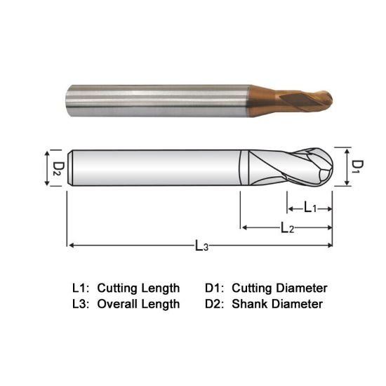 Picture of Widin DA703003 Dia 3/32 SH 0.2500 LOC 0.0937 OAL2.00 End Mill Standard Flute Standard Helix Carbide AlTiN Single End Ball NoseBall Z-Star
