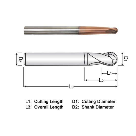 Picture of Widin DA734008 Dia 1/4 SH 0.3750 LOC 0.2500 OAL4.00 End Mill Standard Flute Standard Helix Carbide AlTiN Single End Ball NoseBall Z-Star