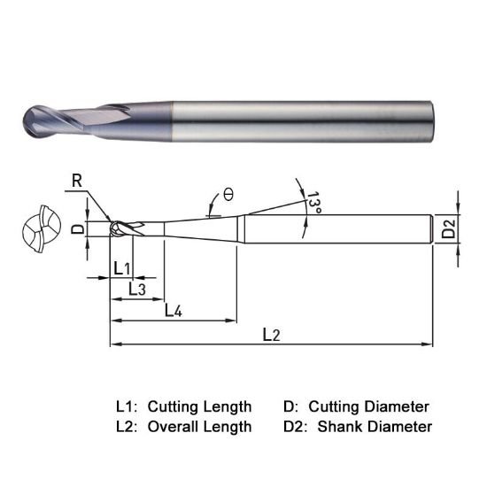 Picture of Widin DB34208030 Dia 8mm SH 0.3937 LOC 0.5510 OAL3.9370 End Mill Standard Flute Standard Helix Carbide TiAlN Single End Ball NoseBall THUNDER