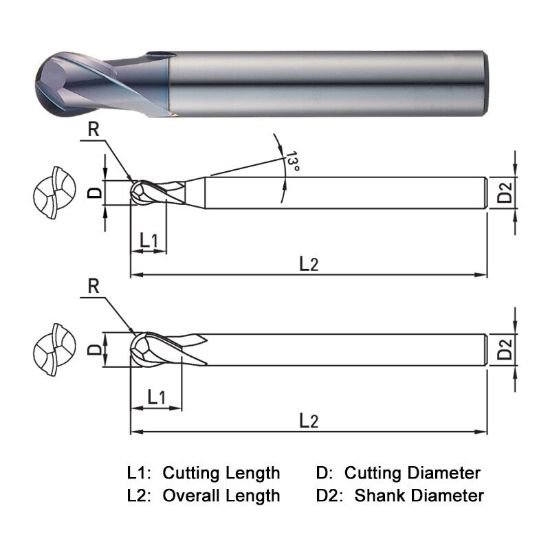 Picture of Widin DB402035 Dia 3.50mm SH 0.2362 LOC 0.1575 OAL1.968 End Mill Standard Flute Standard Helix Carbide AlTiN Single End Ball NoseBall Z-ClassIC
