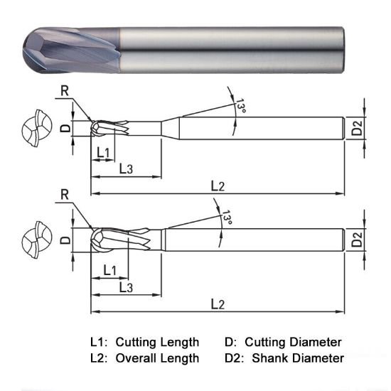 Picture of Widin DB412040 Dia 4mm SH 0.2362 LOC 0.1969 OAL1.9685 End Mill Standard Flute Standard Helix Carbide AlTiN Single End Ball NoseBall Z-ClassIC