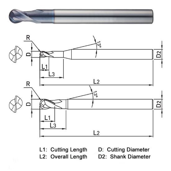 Picture of Widin DB502040 Dia 4mm SH 0.2362 LOC 0.1969 OAL2.7559 End Mill Standard Flute Standard Helix Carbide AlTiN Single End Ball NoseBall Z-ClassIC