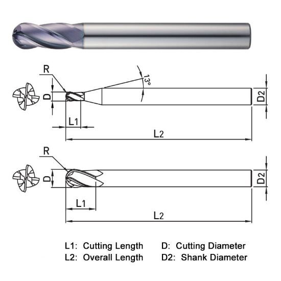 Picture of Widin DB514050 Dia 5mm SH 0.2362 LOC 0.3937 OAL3.1496 End Mill Standard Flute Standard Helix Carbide AlTiN Single End Ball NoseBall Z-ClassIC