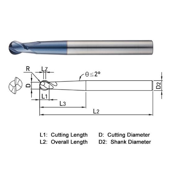 Picture of Widin DB532061 Dia 6mm SH 0.2362 LOC 0.1929 OAL3.9370 End Mill Standard Flute Standard Helix Carbide AlTiN Single End Ball NoseBall Z-ClassIC