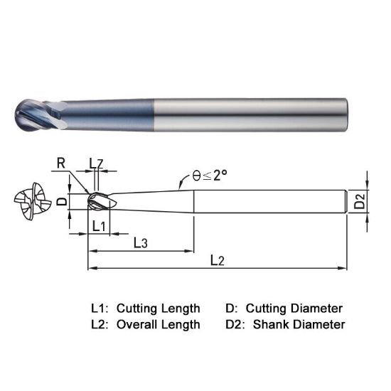 Picture of Widin DB542010-4-40-70 Dia 1mm SH 0.2362 LOC 0.1575 OAL2.7559 End Mill Standard Flute Standard Helix Carbide TiAlN Single End Ball NoseBall ClassIC
