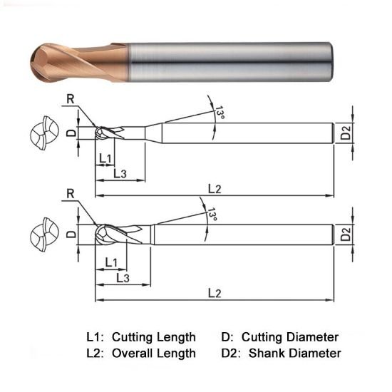 Picture of Widin DB702010 Dia 1mm SH 0.2362 LOC 0.0591 OAL1.9685 End Mill Standard Flute Standard Helix Carbide AlTiN Single End Ball NoseBall Z-Star