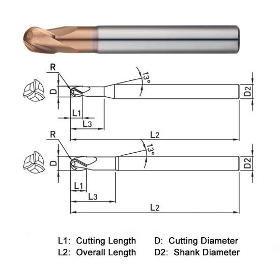 Picture of Widin DB703040S Dia 4mm SH 0.2362 LOC 0.1969 OAL1.9685 End Mill Standard Flute Standard Helix Carbide AlTiN Single End Ball NoseBall Z-Star