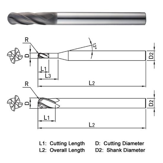 Picture of Widin IM-WGB5040301560SP Dia 3mm SH 0.1575 LOC 0.3543 OAL2.3622 End Mill Standard Flute Standard Helix Carbide Diamond Single End Ball NoseBall Z-GRA-MATE